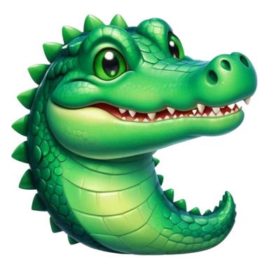 Cinematic Cute Crocodile Portrait Emoji, Head tilted playfully and inquisitively, featuring a smooth, glossy emerald-green hide with subtle textured scales and round, sparkling eyes filled with curious mischief, Simplified yet irresistibly adorable features, highly detailed, glowing with a warm, friendly glow, high shine, affectionate and surprisingly charming, stylized with a touch of wild whimsy, bright and endearing, soft glowing outline, capturing the essence of a mischievous yet lovable crocodile, so playful it feels like it could snap out of the screen into your arms! sticker