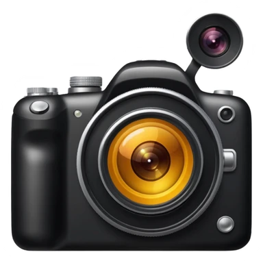 The camera features a solid black body with a shiny lens. sticker