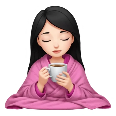 black haired girl inside a pink blanket sipping coffee with eyes closed and lashes sticker