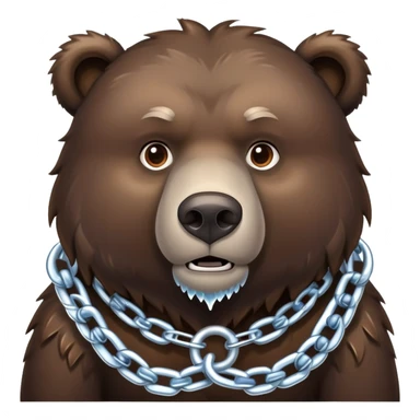 Intimidating dark brown bear on four legs with heavy ice chain around neck, frozen chain links with icicles, serious expression sticker