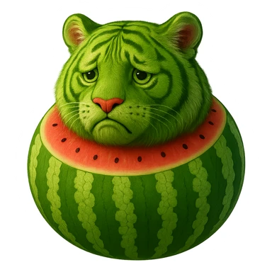Edit the watermelon tiger character to have a sad expression. Keep the transparent background. sticker