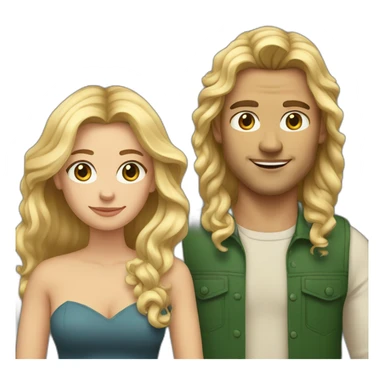An american couple. The woman is blonde and has blue eyes and long wavy hair. The man has brown, wild hair, his left ear is perced. His eyes are green sticker