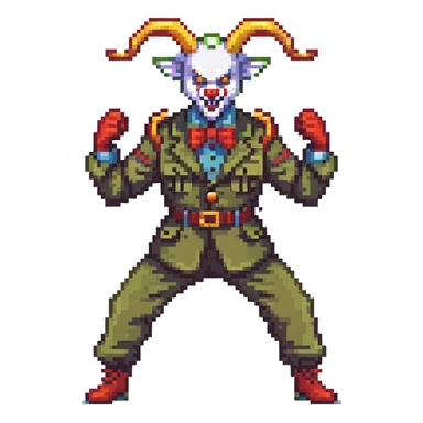 evil clown soldier with billy goat horns, fangs, pointed ears, leisure suit, fighting stance sticker