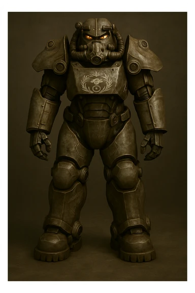 Add the Enclave logo on the chest of the X-01 power armor. Keep the battle-worn, scratched metal texture and glowing eyes effect, integrating the logo naturally into the worn look. sticker