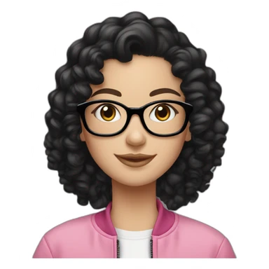 white Girl with black curly hair, ear piercings and smile,pink fleece jacket and glasses on her head sticker