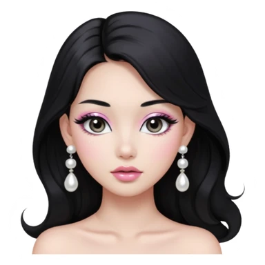 asian long voluminous black hair silver grey eyes glossy lips glittery white and light pink eyeshadow girl pearl earrings sticker