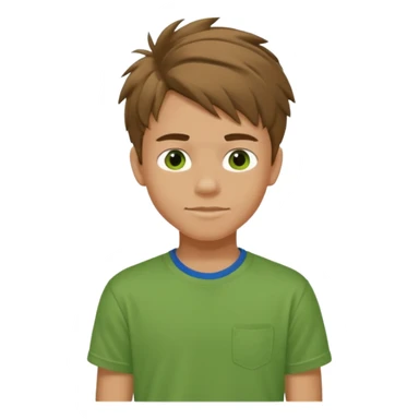 A 14 yerar old teenage boy, slightly tanned, wearing a green tshirt, blue jeans and green sneakers with brown tousled hair, smirking sticker