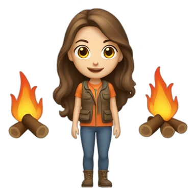 caucasian female camper with long brunette hair and campfire sticker