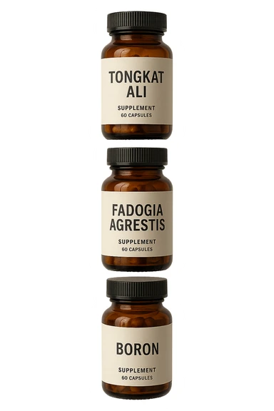 4 boccette di integratore: Tongkat Ali, Fadogia Agrestis, Boron e Zinco fluttuano in aria verticalmente sticker