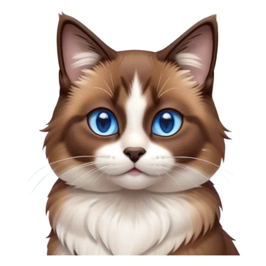 Cinematic Cute Brown Mantle Snowshoe Cat Portrait Emoji, Head tilted playfully and inquisitively, rich brown fur cascading over its back like a mantle, with soft white paws, chest, and face, striking icy-blue eyes brimming with curiosity, Simplified yet irresistibly adorable features, highly detailed, glowing with a warm, friendly glow, high shine, affectionate and lively, stylized with a touch of whimsy, bright and endearing, soft glowing outline, capturing the essence of a mischievous yet loving kitten, so playful it feels like it could pounce out of the screen and into your arms! sticker