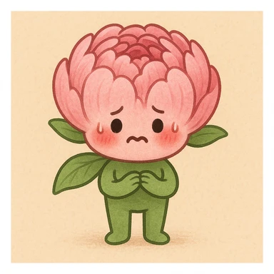 cute anthropomorphic pink peony flower with a round body, arms and legs, blushing cheeks, nervous expression sticker