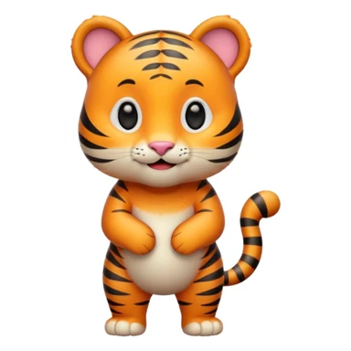 Cute tiger emoji, full body, standing pose, smiling face, big round eyes, orange fur with black stripes, chubby and adorable, short legs, small ears, 3D emoji style, smooth shading, bright colors, simple clean design, transparent background sticker