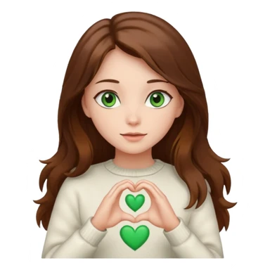 Girl green eyes brown long hair white warm sweater doing hands heart sticker