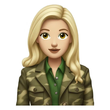 White girl with Long blonde hair and green eyes, camouflage Wool oversize blazer, mini skirt and Brown leather boots  sticker