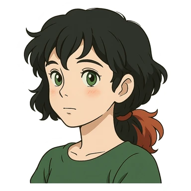 ghibli style girl with green eyes, white skin, wavy black hair, red hair at the back of her neck sticker