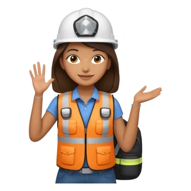 Brunette brown Girl full body standing with her white security helmet and security vest that fits her big on, also with her black backpack sticker