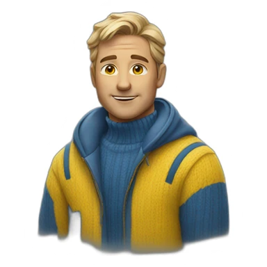 Man in blue and yellow sweater sticker