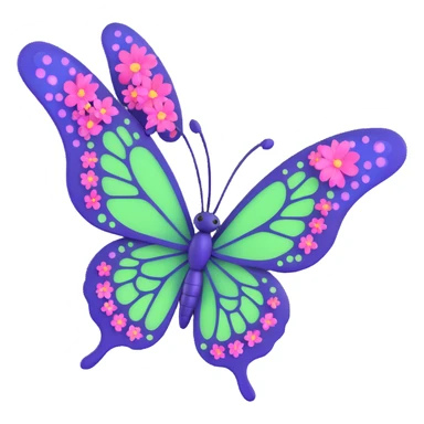 luxurious magical butterfly with vibrant #c0ff53 green wings, elegant purple edges, intricate fine vein patterns, softly glowing wings, surrounded by sparkling dust and magical floating particles, sleek deep blue body, dreamy pink flowers on wing edges, 3D cartoon style, elegant and fantastical sticker