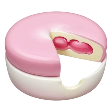 A soft round mochi cut in half, showing pink or red filling inside, white outer layer, smooth and pillowy texture, simple flat design, centered on transparent background. sticker