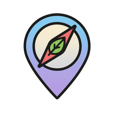 nutrition navigator icon named Nora, minimal or no human features, stylized map pin or compass shape, blending gradient of light blue, light purple, and light gray, leafy or healthy food element sticker