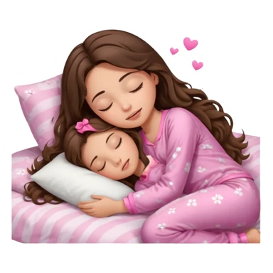 Brunette girl with long wavy brown hair with brown eyes and sleeping on a withe bed with cute pink pjs (just one whirl) and with closed eyes sticker