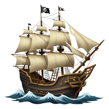 An icon representing an adventure game, inspired by high-seas exploration. The design features a fearless pirate gripping the wheel of a grand sailing ship, its tattered Jolly Roger flag billowing as it cuts through stormy waters. The scene evokes danger, treasure, and the thrill of the open sea. Transparent background. sticker
