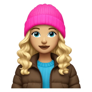Blond girl blue eyes brown puffer jacket neon pink nitted beanie  sticker