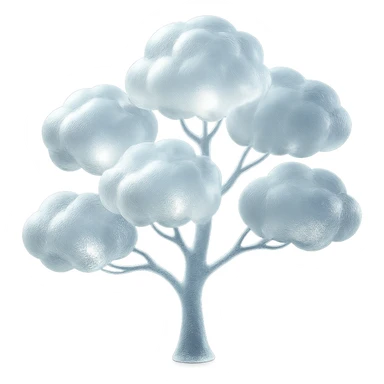 one tree with many branches and a white trunk, crown made of small very bright white fluffy convex clouds, matte glass style sticker