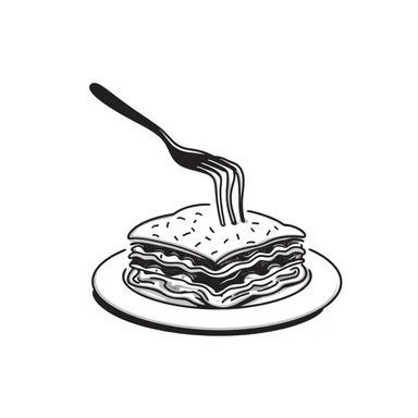 A hand-drawn plate of lasagna with a fork taking a bite, showing the layers sticker