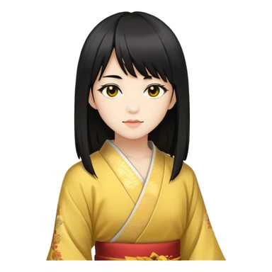 Fair-yellow skin, dark brown eyes, long black hair cut into layers, Japanese-style side-swept bangs, likes to dance.  sticker