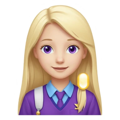 A pale girl with light blue eyes and long and blonde straight hair , smiling wearing a purple school uniform  sticker