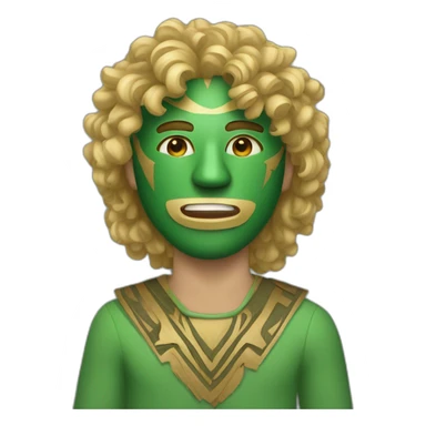 A man wearing a green wooden tribal mask with medium length blonde curly hair sticker
