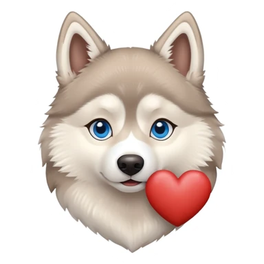 Beige husky with blue eyes holding a brown heart sticker