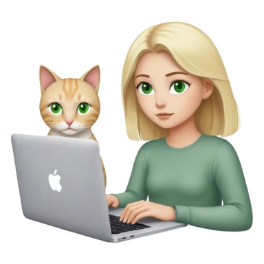 Blonde girl green eyes with apple MacBook and a cat sticker