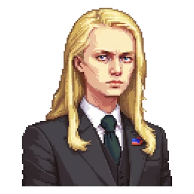 Russian politician with serious face, blonde hair, in dark suit sticker