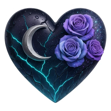 Create a gothic heart made of aurora glass with a silver crescent moon, gradient roses, holographic stardust, neon teal lightning, drenched and splintered glass. The style should emulate the 3D emoji style but since 3D emoji style does not support editing, use a general style that captures the look and feel of 3D emoji style. The background should be transparent. sticker