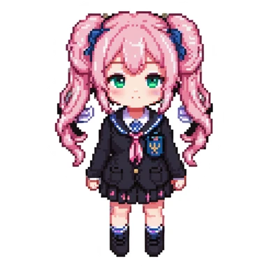 Pixel art anime girl with pink twin tails and school uniform, cute chibi style sticker