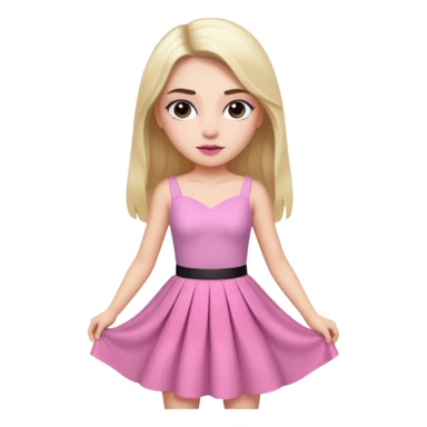 A photo of a white-skinned girl with black eyes and eyebrows and long bare hair, a beautiful pink skirt dress that has a lot of glamour and looks almost like a prince sticker