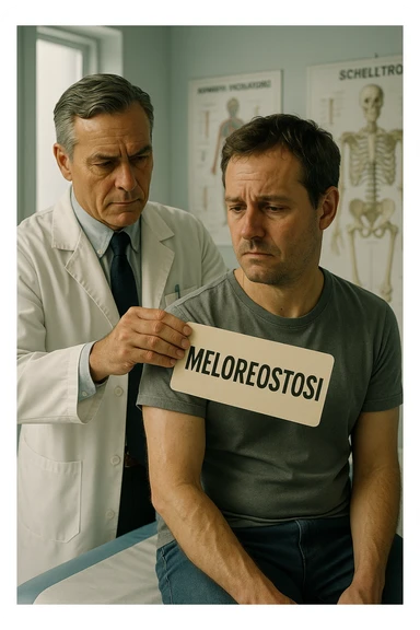 A realistic, cinematic illustration set in a bright, modern medical office. A middle-aged doctor in a white lab coat with a serious expression is shown gently placing a large paper label on the shoulder of a male patient sitting on the examination table. The label has the word 'Meloreostosi' written on it, symbolizing the act of labeling the patient with his rare bone condition. The patient looks confused and slightly disheartened, wearing a simple t-shirt with part of his arm exposed, showing subtle signs of bone thickening or deformation associated with melorheostosis. The background includes medical charts and a softly blurred skeleton model, emphasizing the medical setting. The lighting is bright but neutral, conveying a sterile, clinical atmosphere while focusing on the symbolic moment of receiving a diagnosis label. The mood is introspective and slightly heavy, illustrating the emotional weight of being defined by a rare chronic condition in italiano sticker