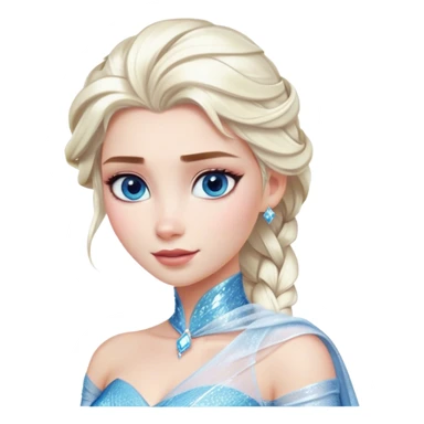 Cinematic Realistic Elsa Portrait, depicted with lifelike skin texture, soft natural lighting, and intricately detailed platinum blonde hair styled elegantly. Her striking, expressive blue eyes exude confidence and grace, complemented by a serene and regal expression. She is dressed in her signature icy attire, with shimmering fabric textures and delicate folds that catch the light beautifully. The portrait features a soft, enchanting glow with a cool, radiant finish, capturing the essence of timeless elegance in a realistic and painterly style, evoking a sense of depth and authenticity. sticker
