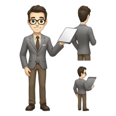 Pale skinned fit man with dark brown hair in gray jacket, beige office shirt, brown tie, brown pants and vintage glasses Writing on the tablet sticker