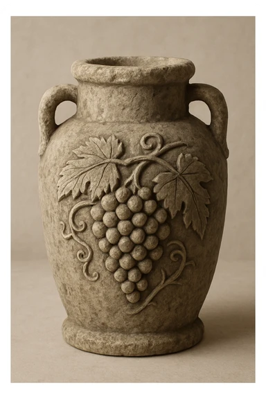 a stone wine jar, ancient style, with grape motif, soft shadows sticker