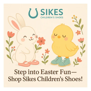 Easter-themed Instagram post for Sikes Children's Shoes with pastel background, logo at top, bunny and chick with shoes, floral accents, headline: 'Step into Easter Fun—Shop Sikes Children’s Shoes!'. Include uploaded logo. sticker