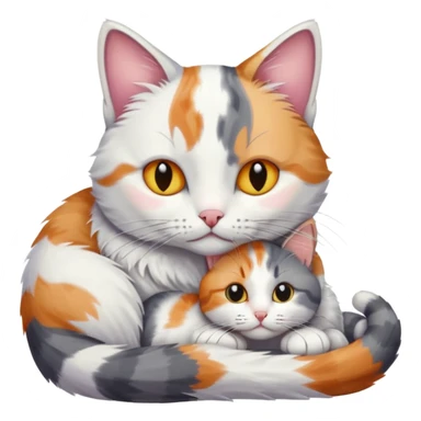 grey and white cat cuddling a colourful light patched calico + white tabby cat sticker