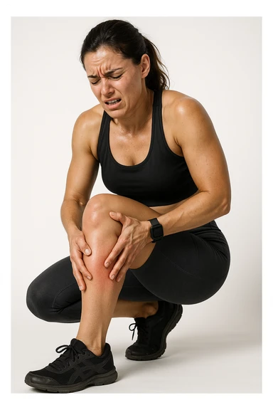 donna fitness che si tocca la gamba dolorante con espressione di dolore in volto, sente le gambe pesanti, iperrealistica 4k, sfondo bianco sticker