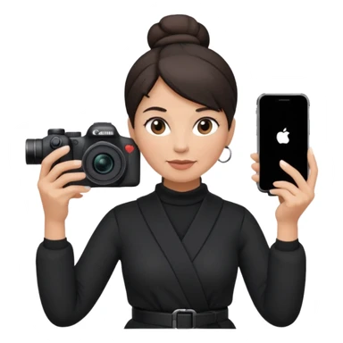 middle aged woman photographer with dark hair in a bun, wearing black clothes, carrying a canon r5 and an iPhone on a gimbal sticker