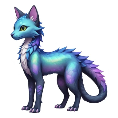 Kawaii black pastel iridescent beautiful pretty elegant divine edgy fantasy feline-vernid-sergal-fursona animal creature with a tufted tail full body with intricate markings  sticker