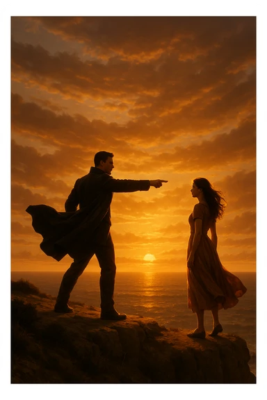 A cinematic scene of a man as a commander guiding a woman toward a bright future, standing on a cliff edge overlooking a vast ocean at sunset, with the man pointing forward while the woman looks at him, ready to follow his lead. The man wears a dark coat blowing in the wind, creating a heroic silhouette, while the woman wears a flowing dress, her hair catching the light. Warm, dramatic lighting with golden tones, emphasizing hope and leadership. Wide-angle shot capturing the epic scenery and emotional connection.
 sticker