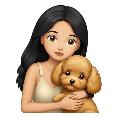 beautiful woman with black long straight hair and brown eyes hugs a golden maltipoo  sticker