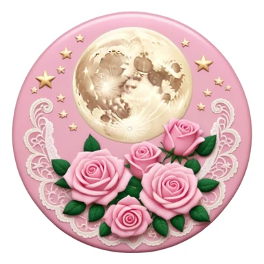 A round pink button with light cream damask lace, a full moon and stars and pink roses in the center sticker